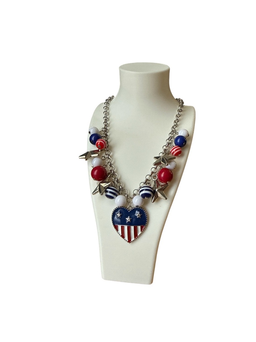 Patriotic Americana Heart Star Charm Necklace Red White Blue Chunky Beads